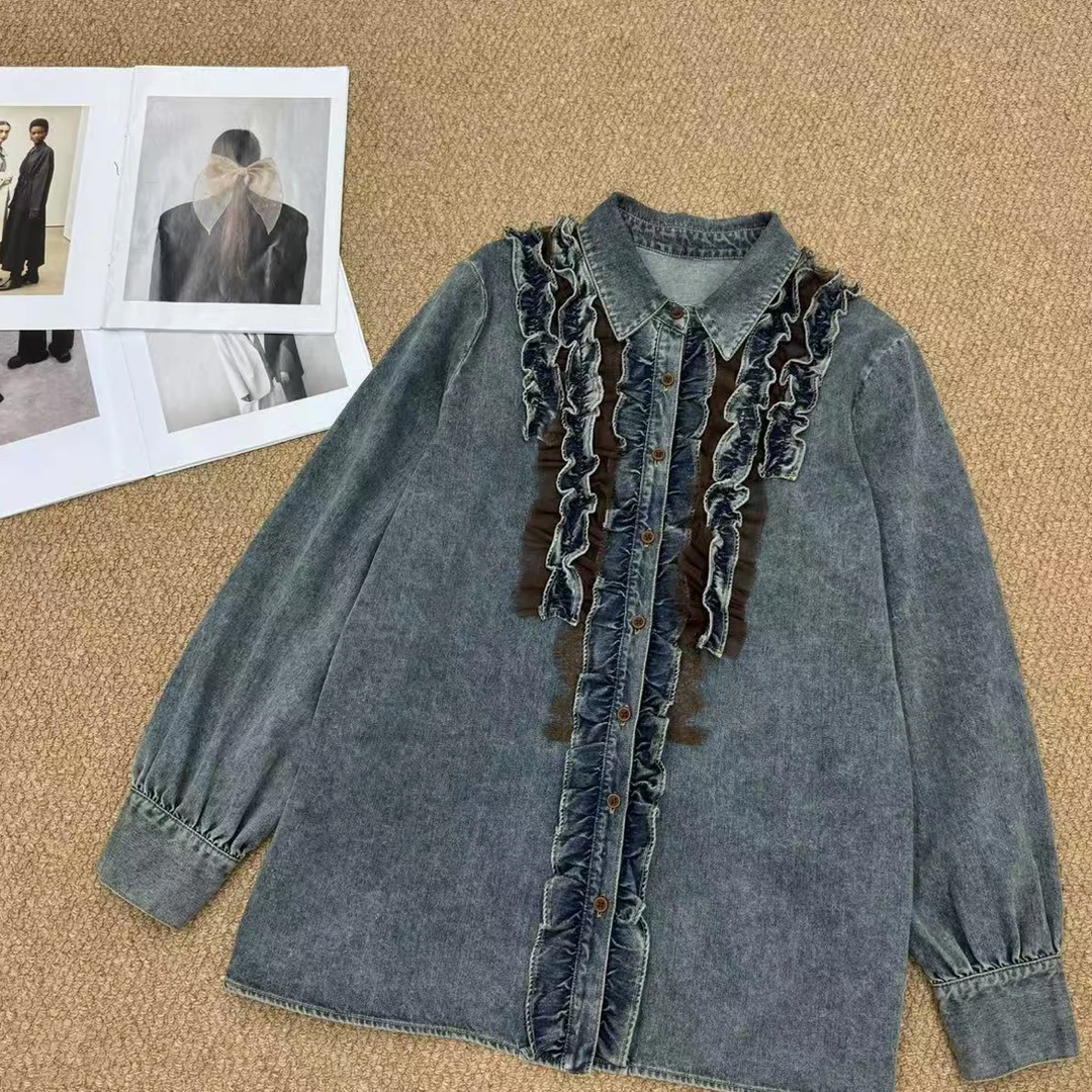 南油Ccc高货原创秋冬款荷叶边牛仔衬衫