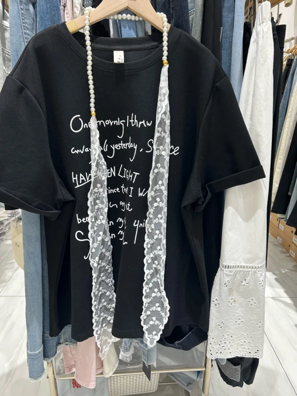 F6351短袖字母休闲风T恤蕾丝夏季重工宽松半袖运动