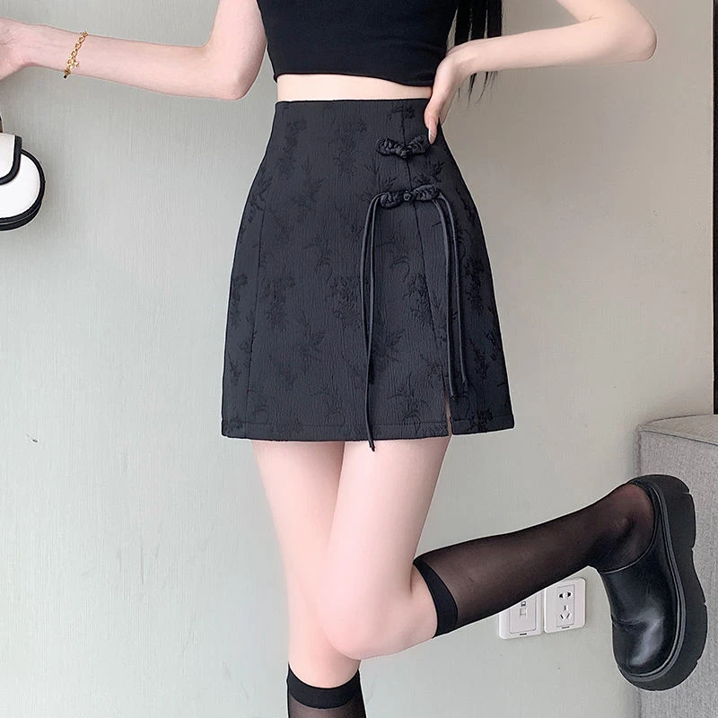 2025新款中式国风盘扣提花半身裙新款春夏A字开叉显瘦高腰短裙