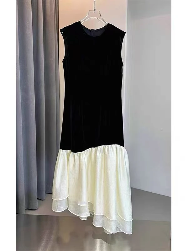 夏季新款女无袖撞色拼接设计感气质连衣裙