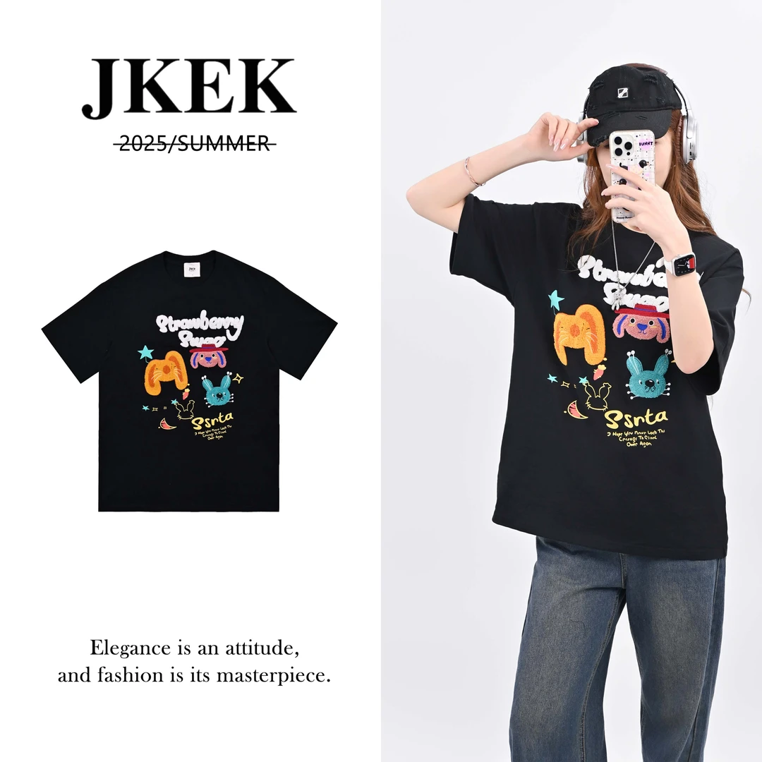 JKEK【趣味兔】甜美可爱风格衣服T恤落肩加宽加大纯棉短袖上衣3018