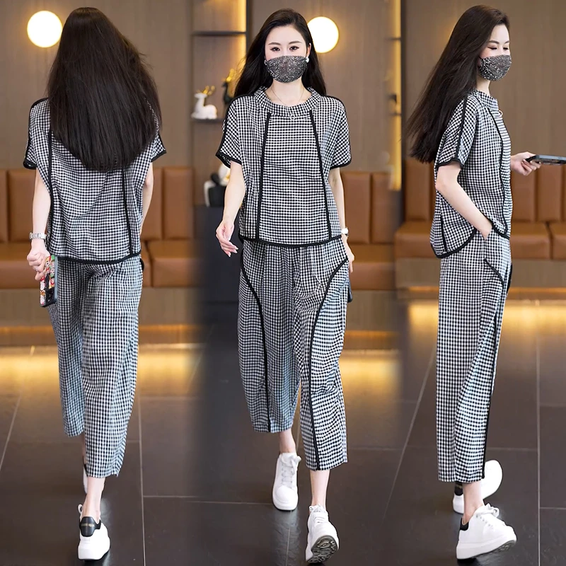 2025夏装新款时尚洋气显瘦遮肉胖妹妹两件套气质大码女装格子套装