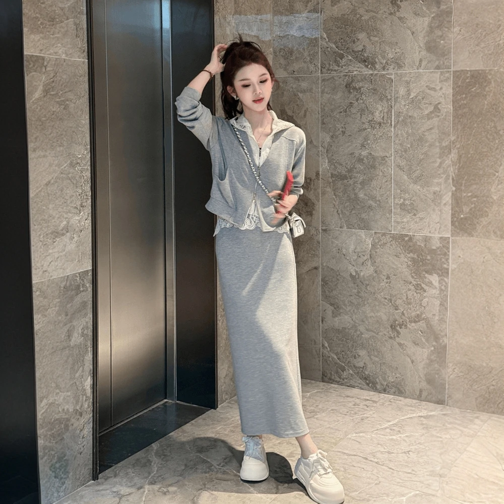 慵懒风休闲运动套装女洋气蕾丝拼中长款半身裙两件套2025春秋新款