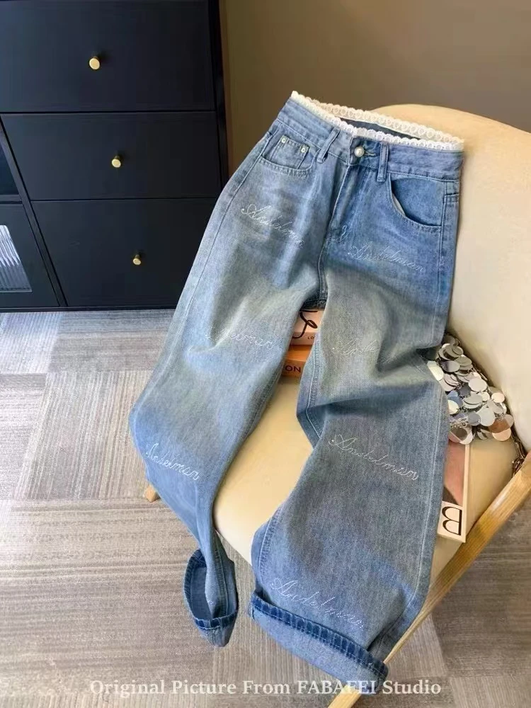 【7136】蕾丝腰烫钻无弹显瘦宽松牛仔裤女新款高腰直筒夏季百搭休闲