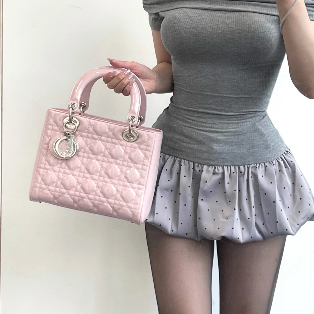 95新 DIOR/迪奥 dior樱花粉银扣五格戴妃手提包