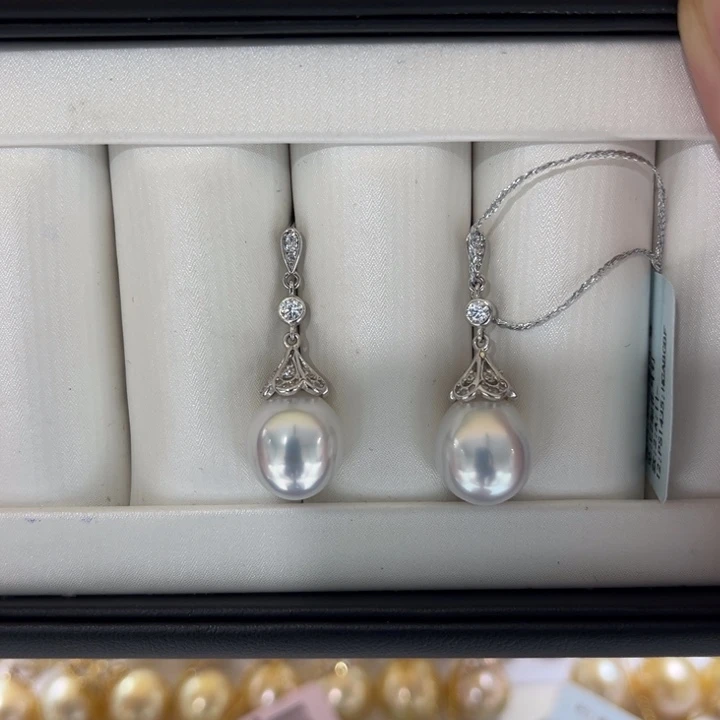 海水珍珠漏澳白盖帽耳坠11-12mm银S925镶嵌