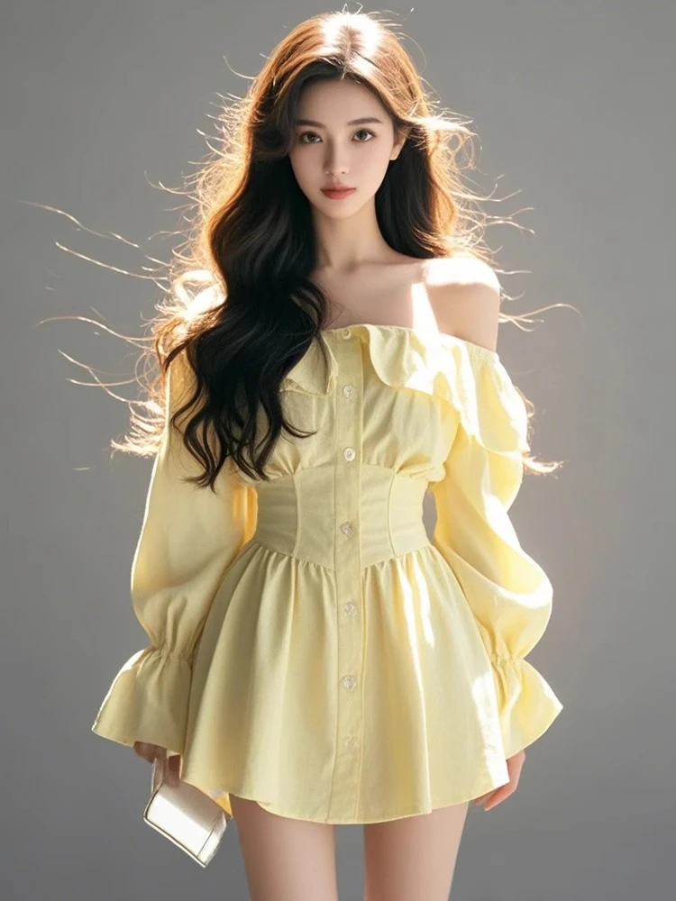【KEKE】一字肩黄色衬衫连衣裙女秋冬季时尚收腰气质别致性感A字裙