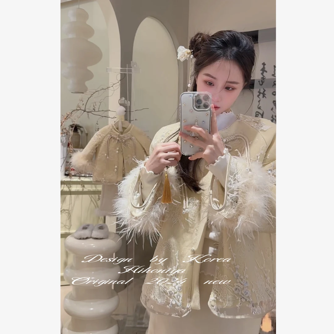 【落花如雪】七Hihoniya~2024冬季亲子款气质国风90白鸭绒羽绒服