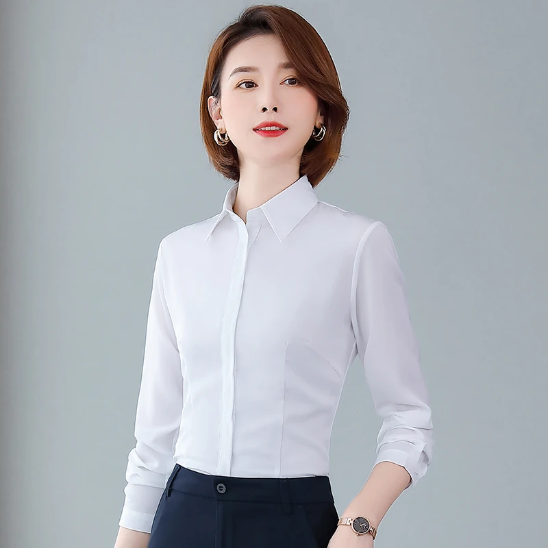方领暗扣白色衬衫女长袖面试职业正装春秋气质修身商务衬衣工作服