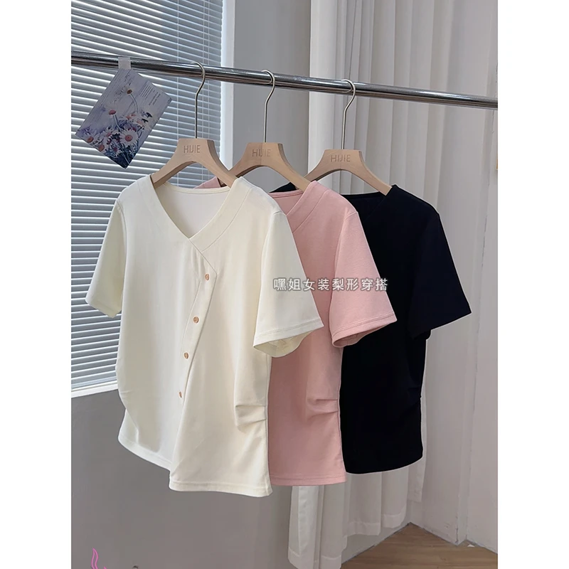 【伦敦街区】韩系设计感休闲V领不规则开叉宽松显瘦短袖T恤女夏季
