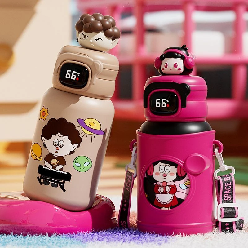 保温杯儿童智能显温上学专用水壶大容量316不锈钢带吸管双饮杯女