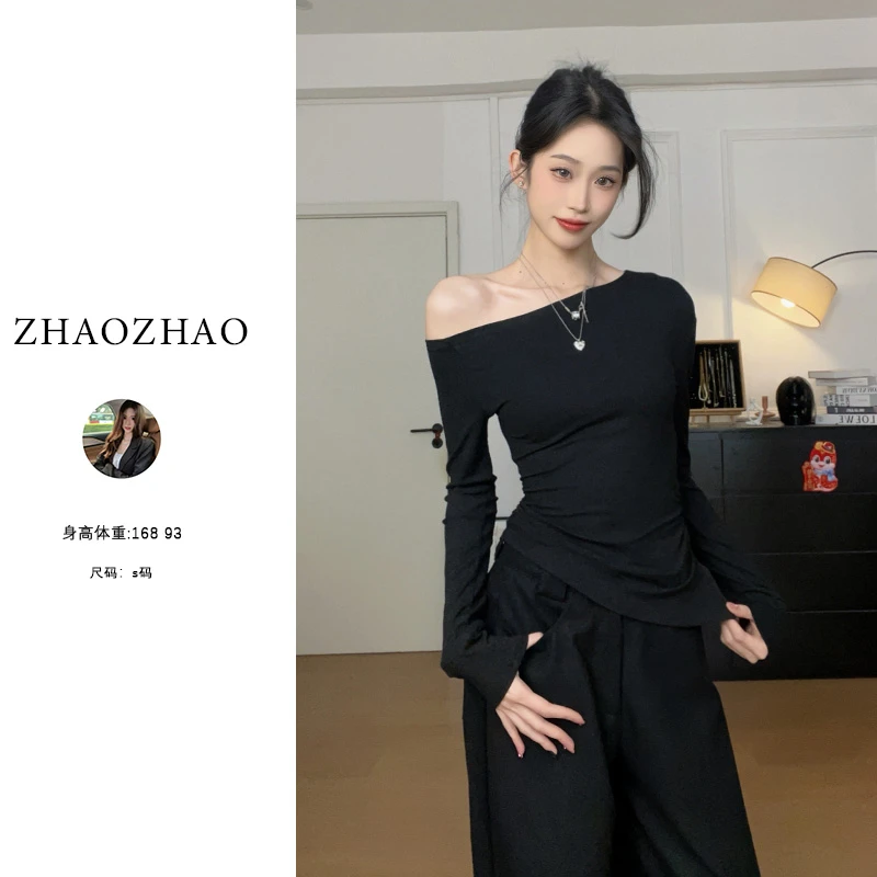 净版斜肩春款2025显瘦辣妹恤修身纯欲长袖斜肩上衣