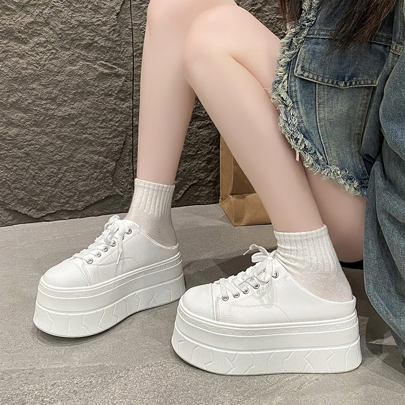 小个子超厚底包头半拖鞋女外穿2025新款无后跟休闲懒人松糕小白鞋