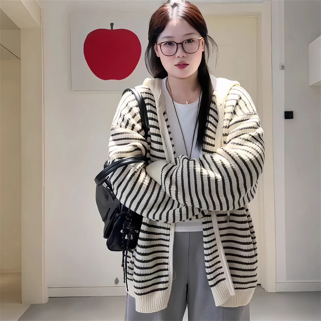 慵懒风拉链条纹连帽针织开衫女秋冬大码胖MM显瘦宽松休闲毛衣外套