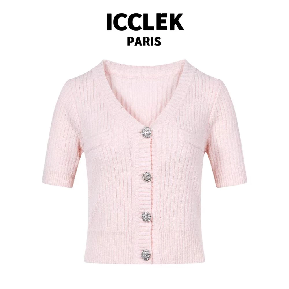 ICCLEK 粉色V领针织半袖短袖 时尚 女装 夏季 春夏 -2483