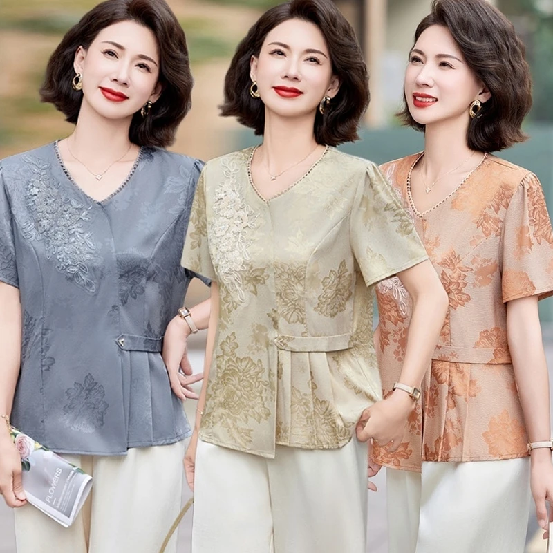 时尚妈妈夏装短袖洋气小衫中2025老年女装高贵显瘦气质上衣两件套