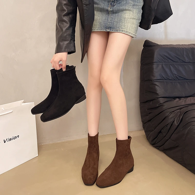 磨砂粗跟单靴拉链春秋短筒秋冬勃肯靴冬季方头短靴