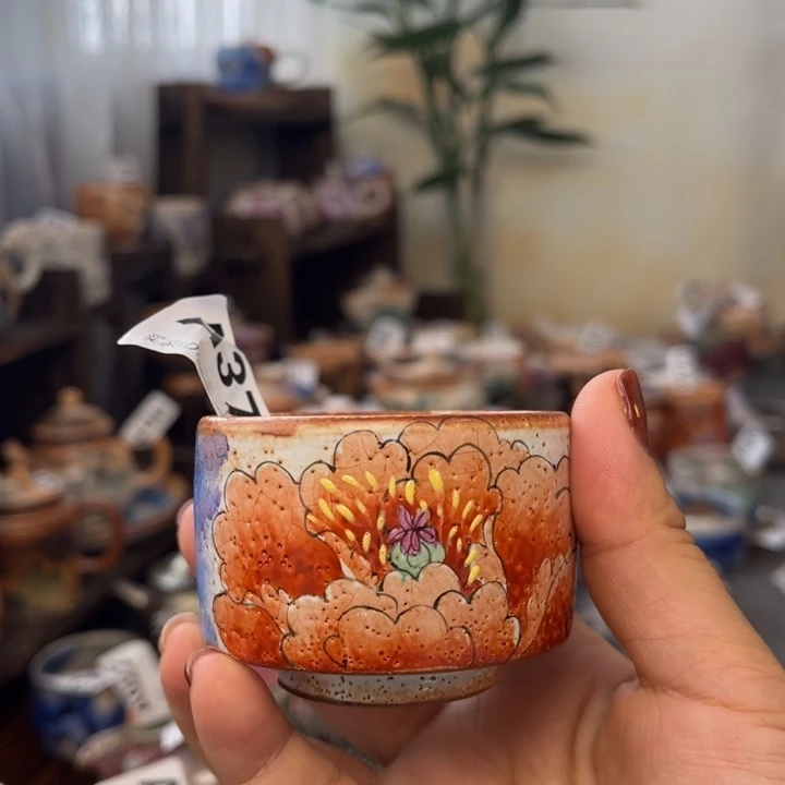 全手工柴烧志野杯手绘牡丹371