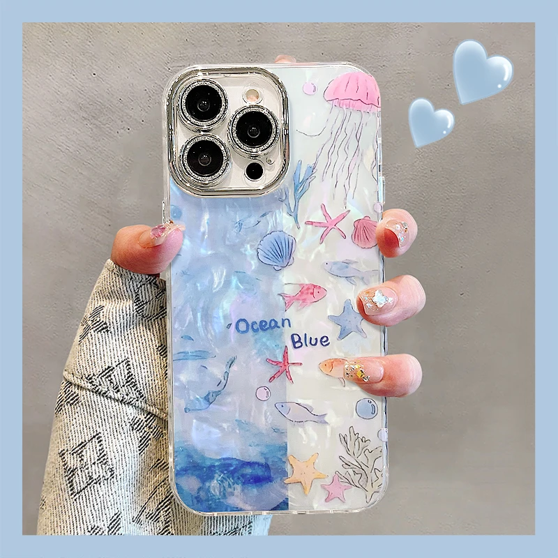 海底世界适用苹果15vivo华为oppo小米iPhone16精孔贝壳纹手机壳