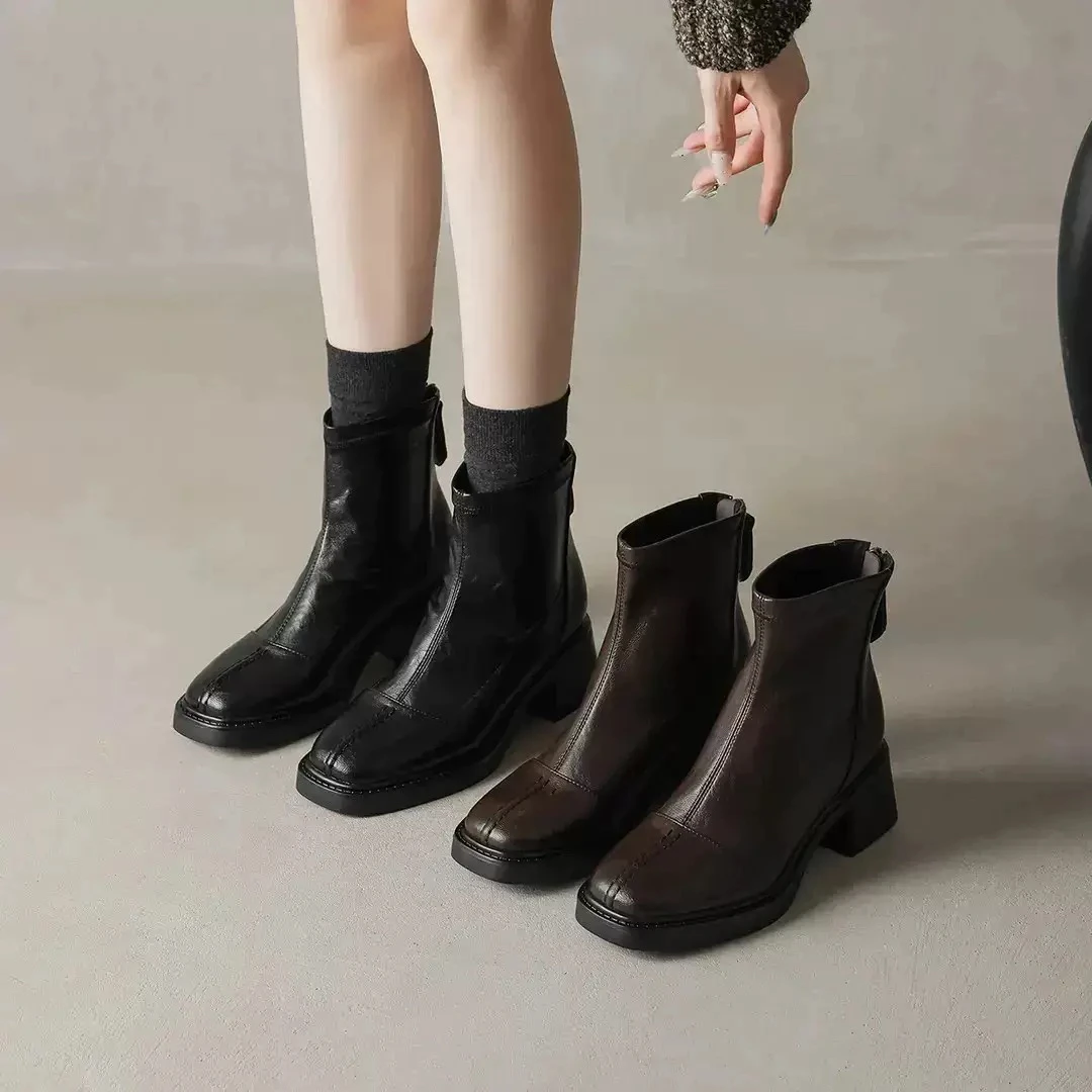 短靴女款2025新款爆款方头粗跟黑色高跟短靴子女靴瘦瘦靴短靴