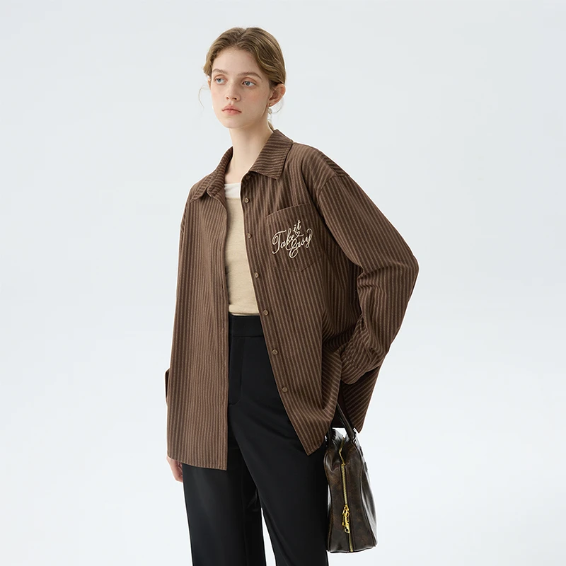 范思蓝恩美拉德条纹绒感衬衫女冬季新款宽松落肩衬衣24FS14662