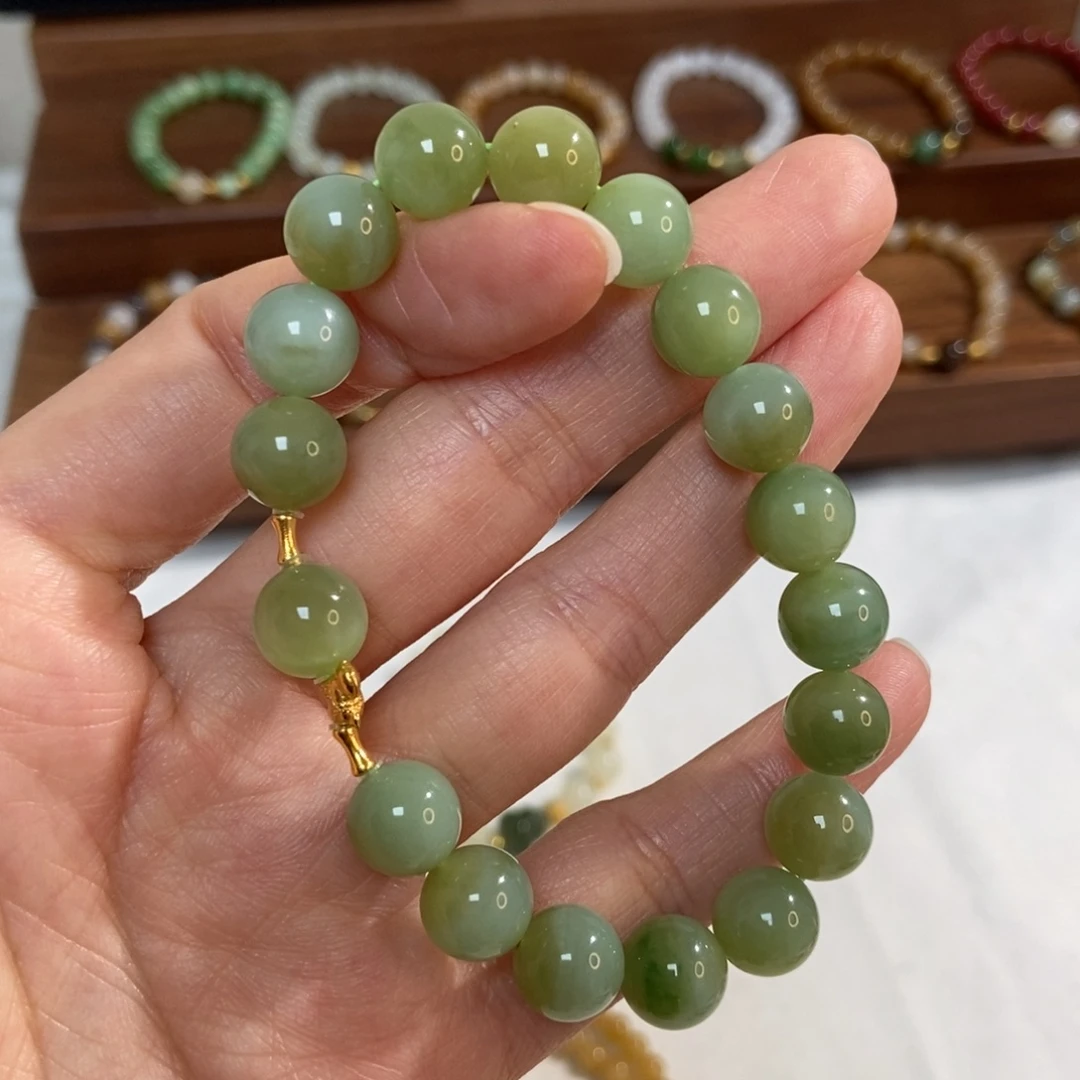 和田玉18K金镶嵌手链10mm黑阳洞碧玉精品