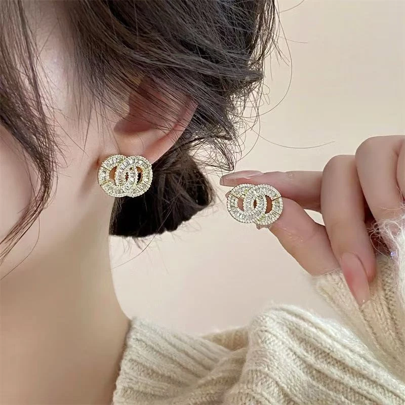 铜合金锆石耳饰 满钻双圈耳钉轻奢高级感2025年爆款独特气质耳饰