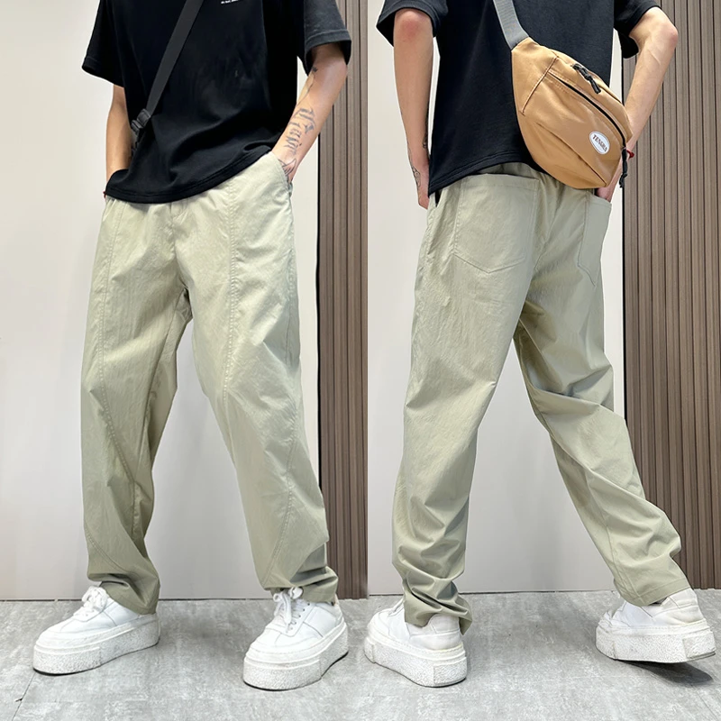 男裤卡其色柳叶弯刀裤夏薄款宽松直筒裤痞帅潮牌高级感速干休闲裤