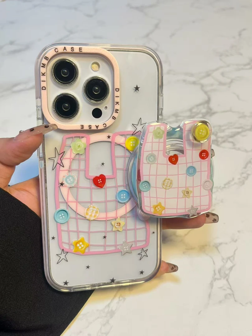 韩系ins风粉网袋纽扣磁吸支架适用苹果16promax华为mate70手机壳