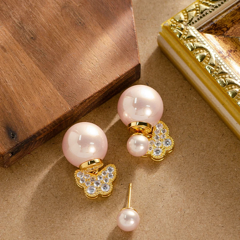 铜合金耳饰 鼎溢高版本时尚小蝴蝶吊坠珠珠耳钉女简约气质高级zy