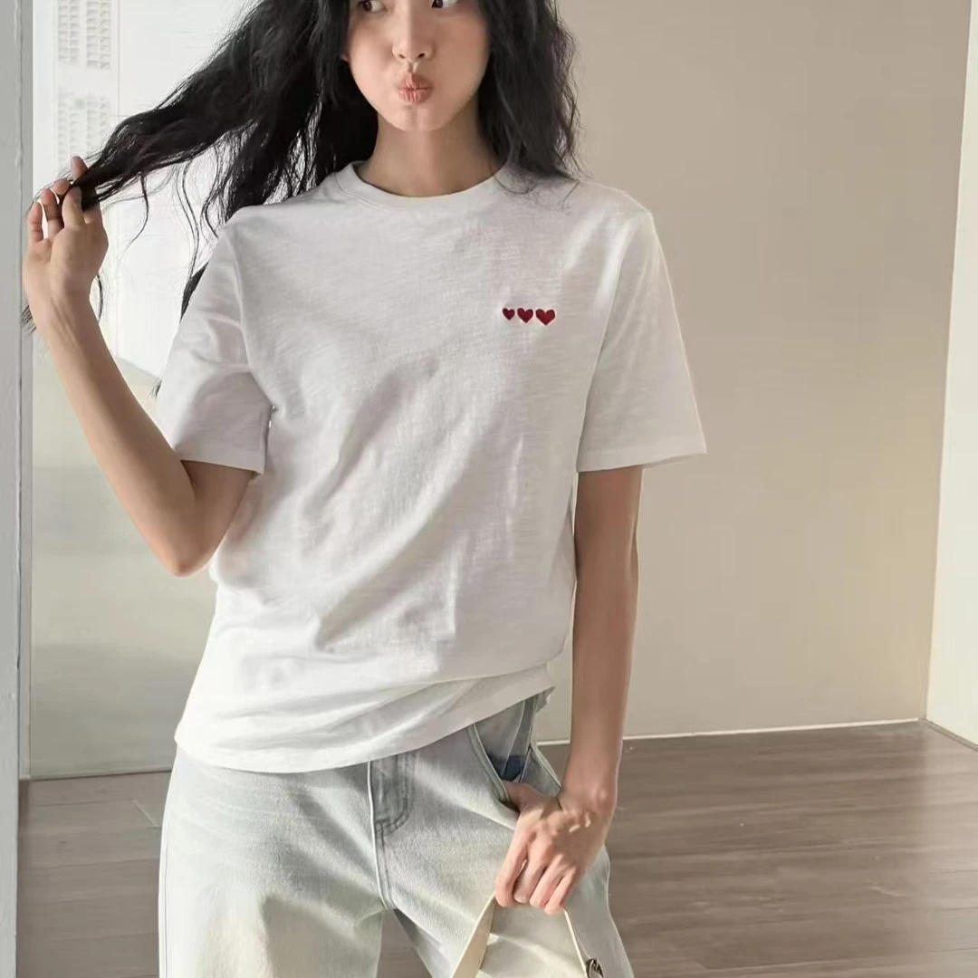 外贸原单专柜撤回女装白色爱心印花短袖T恤夏季百搭正肩纯棉上衣