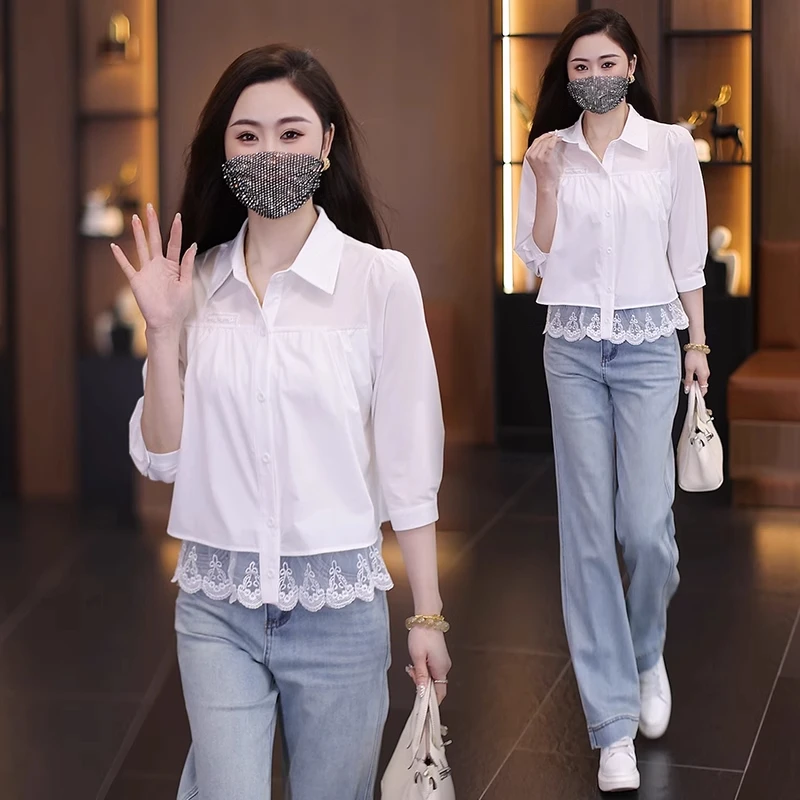 时尚设计感蕾丝拼接衬衫女2025春季新款洋气质宽松衬衣七分袖上衣
