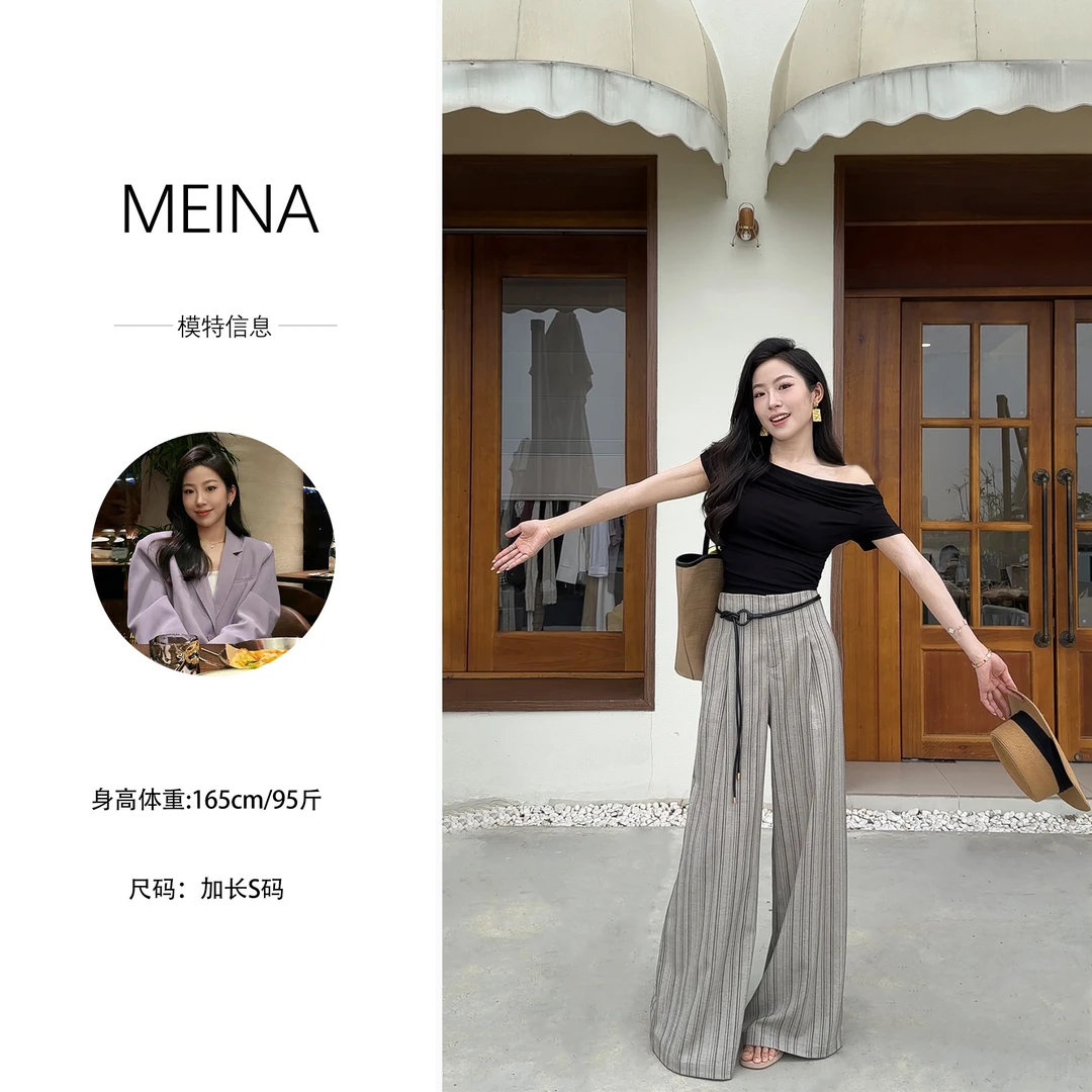 MEINA专属【时光旅人】夏季条纹气质百搭轻薄阔腿显瘦高级感休闲裤