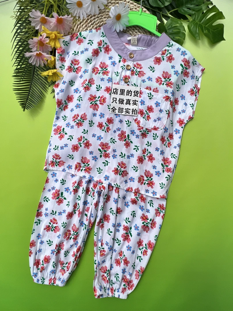 RA10新款儿童人造棉套装时髦外穿薄款空调家居服裙子夏季国风绵绸