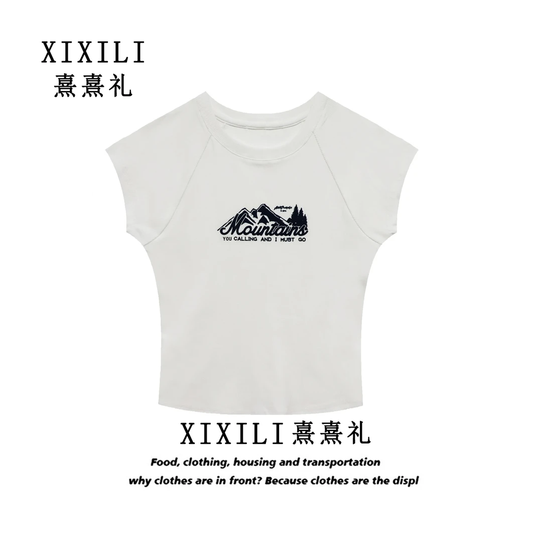 【自播】LC042-夏季复古简约植绒印花ins风休闲显瘦T恤短袖上衣