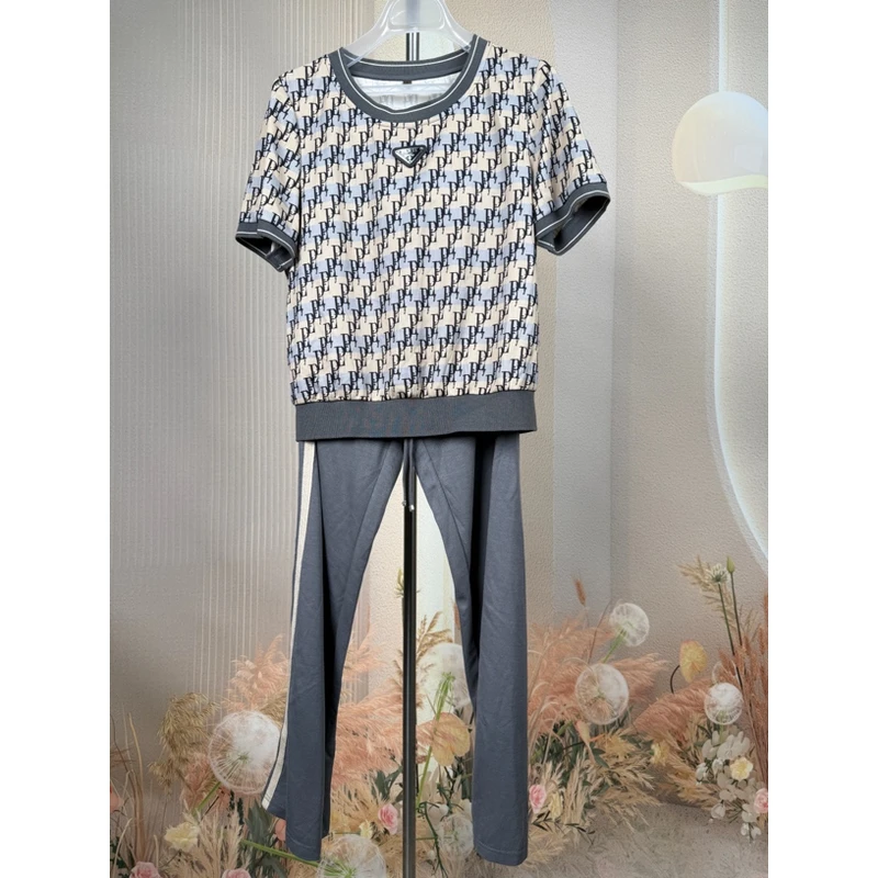 161女士套装短袖气质夏季休闲针织千鸟格轻奢格纹