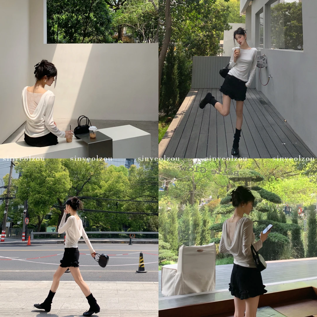 sinyeolzou 荡领露背纯欲蕾丝上衣 #3084