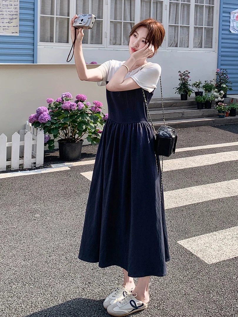 9108撞色拼接设计感夏季后背打揽收腰中长连衣裙