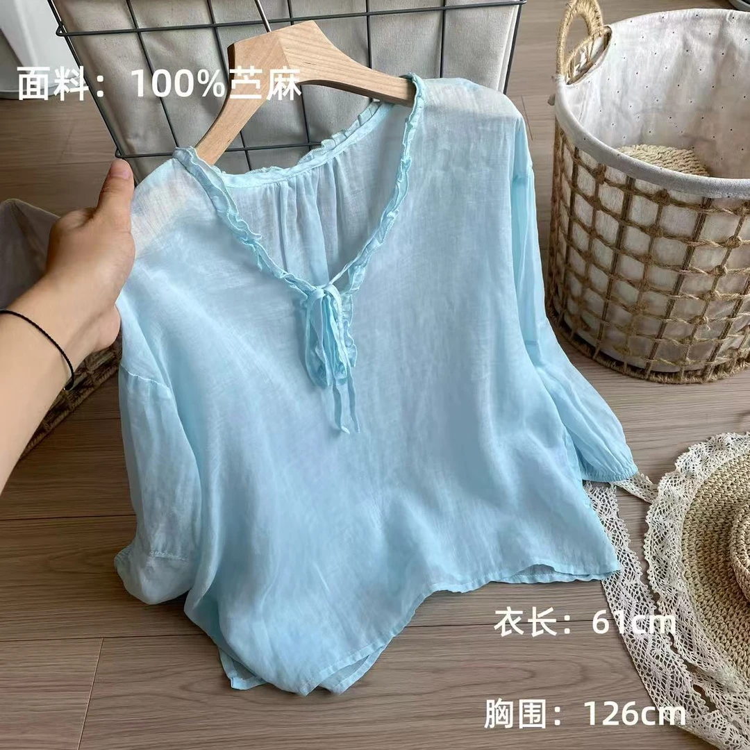 小柒家Y421-夏季薄款圆领显瘦气质休闲时尚百搭蓝色衬衫