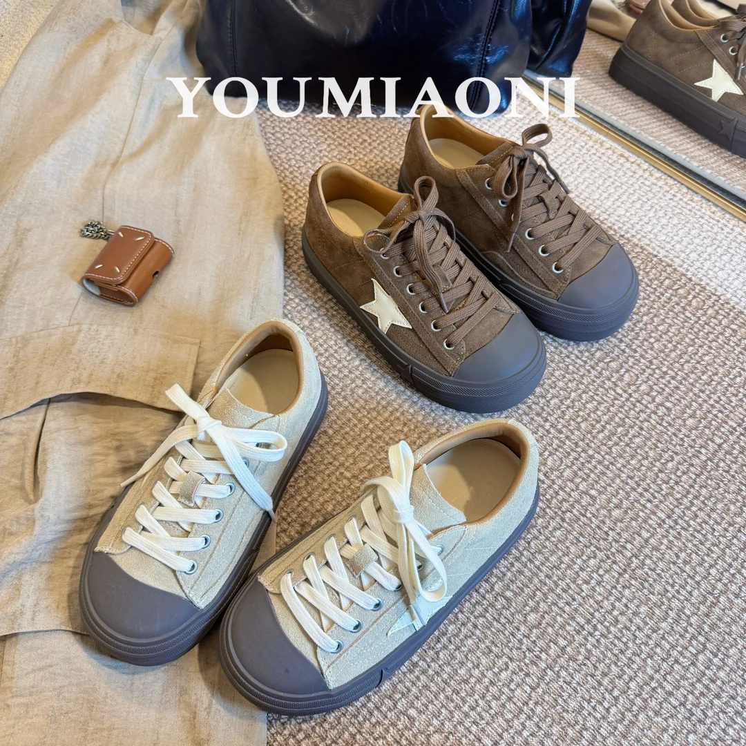 YOUMIAONI韩版圆头休闲板鞋小众系带脏脏低帮中跟日系复古星星
