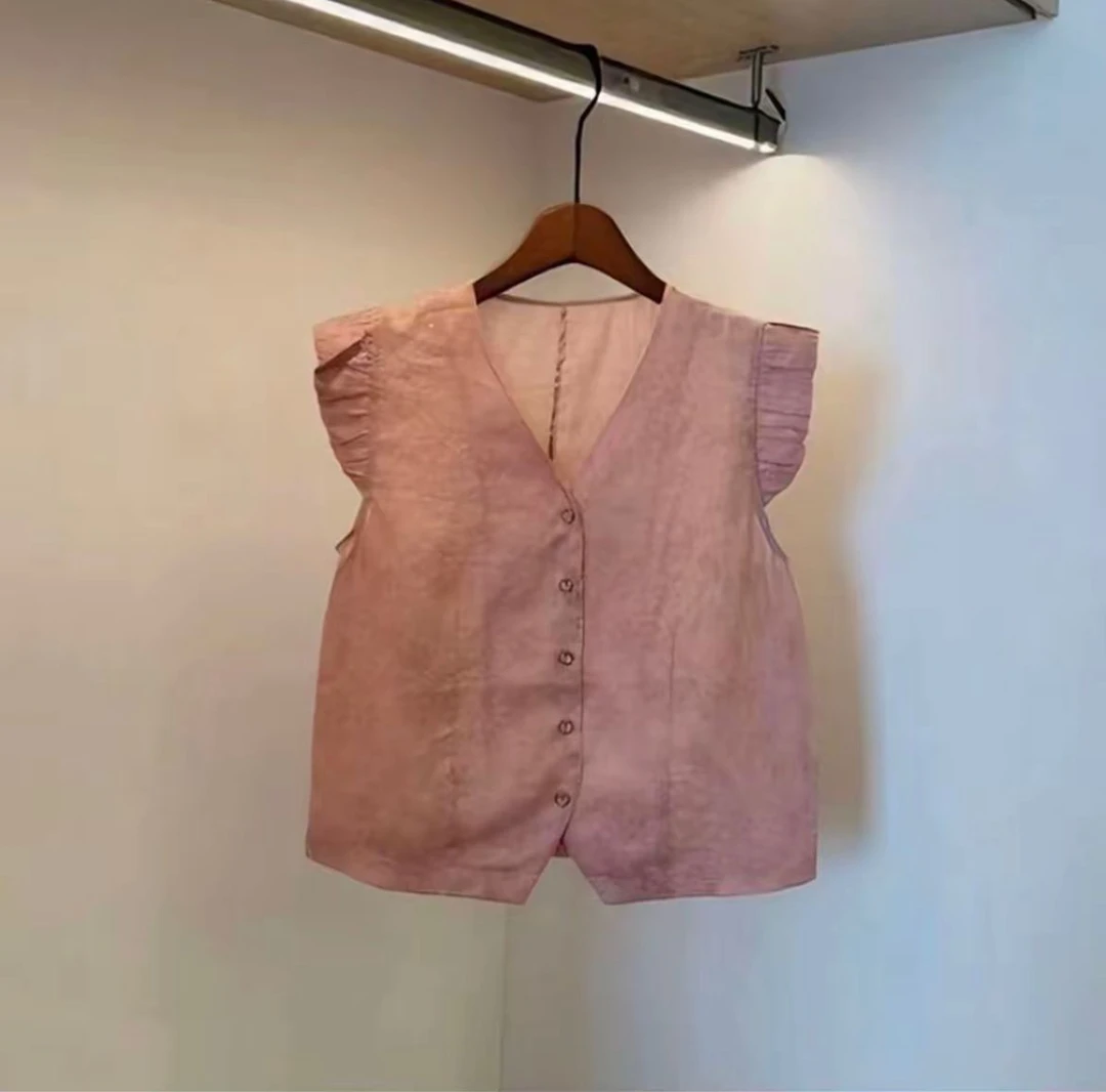 新款2025夏季简约气质V领坎肩袖提花小衫单排扣百搭休闲时尚上衣