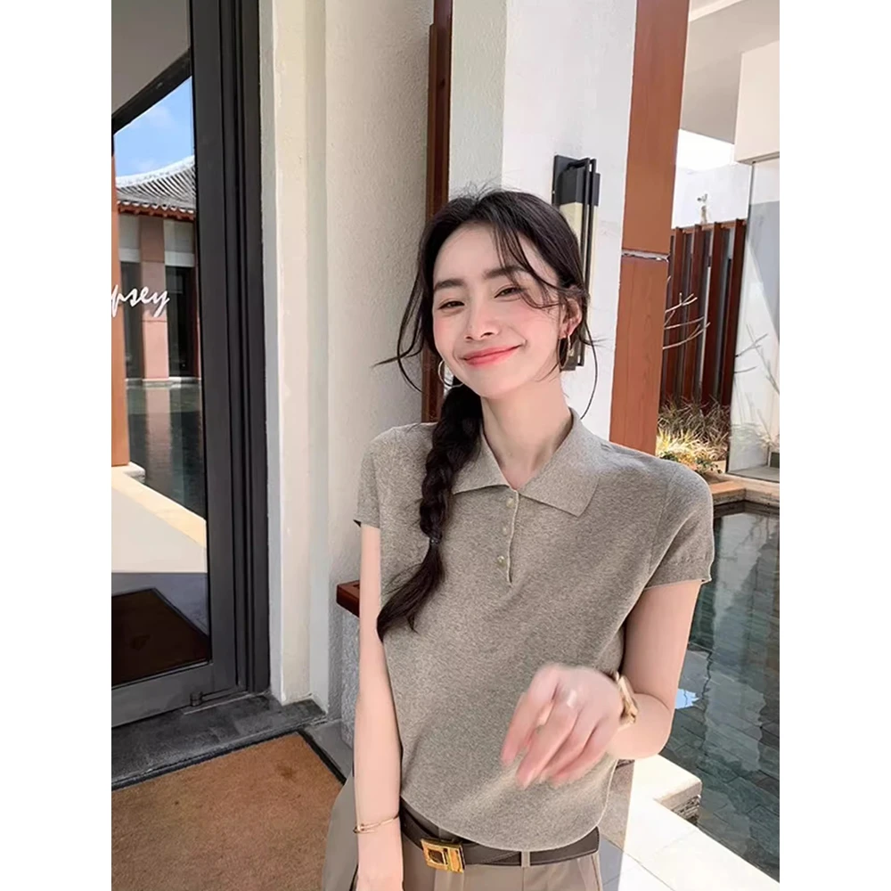 老钱风翻领短袖针织衫女夏季复古简约polo衫T恤衫宽松显瘦T恤上衣