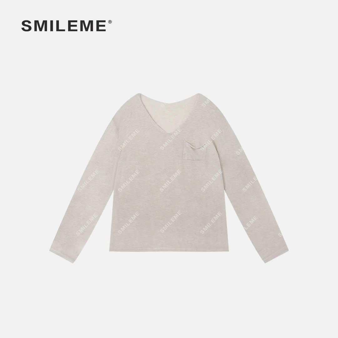 2-SMILEME【谧境】早秋新款羊毛混纺纯色简约V领长袖上衣MK05025307