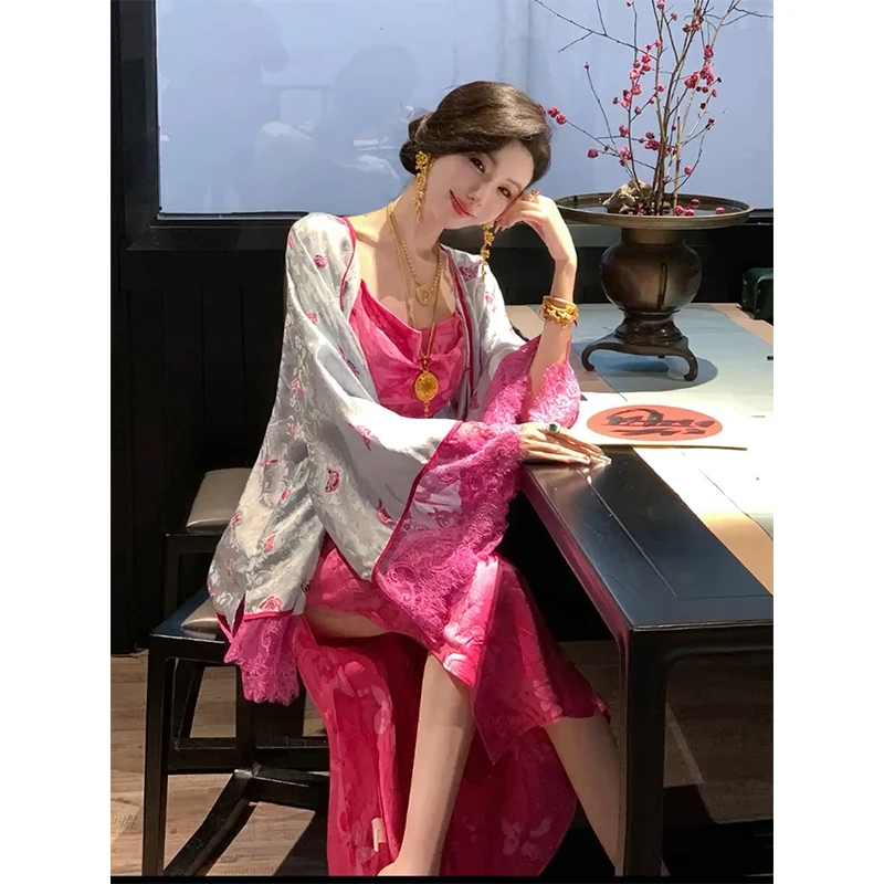 新中式女装国风外套连衣裙套装2026春季新款玫红色吊带裙两件套女