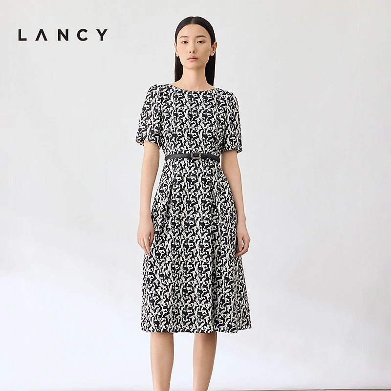 LANCY/朗姿2024夏季新款桑蚕丝气质印花收腰连衣裙法式圆领裙子女