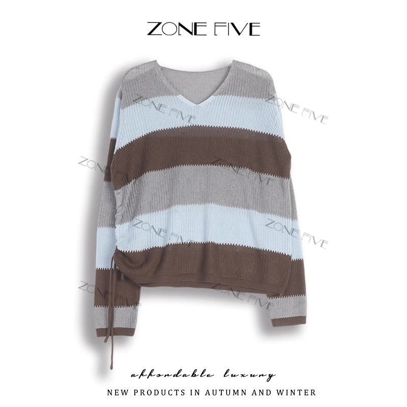 【zonefive】时尚百搭拼色秋冬V领潮牌女装设计师打底休闲条纹秋季