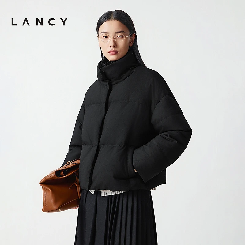 【匈牙利白鹅绒】LANCY/朗姿2025冬季新款廓形针织立领短款羽绒服