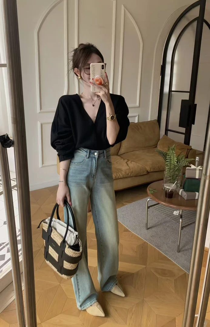 8868女直筒百搭短款显瘦春秋冬高腰直筒牛仔裤