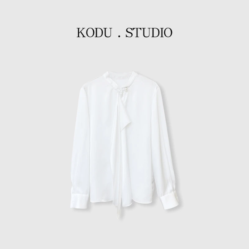 【刻度KODU】02-4946春季法式别致气质百搭圆领珍珠飘带长袖衬衫