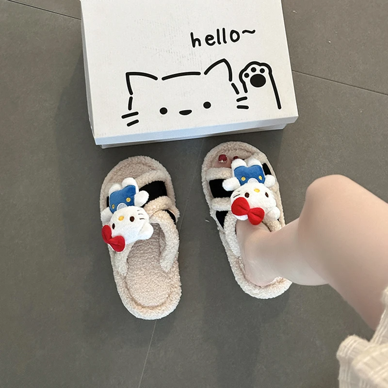 可爱时尚卡通KT猫交叉带棉拖女款2025秋冬新款外穿森系保暖棉拖鞋